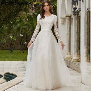 Long Sleeve Modest Wedding Dress | A-Line | V-Neckline | Sweep Train